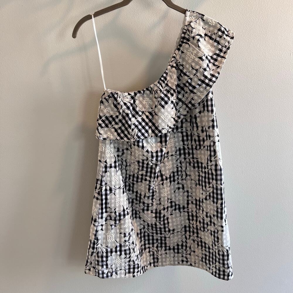 Sezane Robe Agatha One Shoulder Gingham Floral Embroidered Dress Size 36 / 4 US